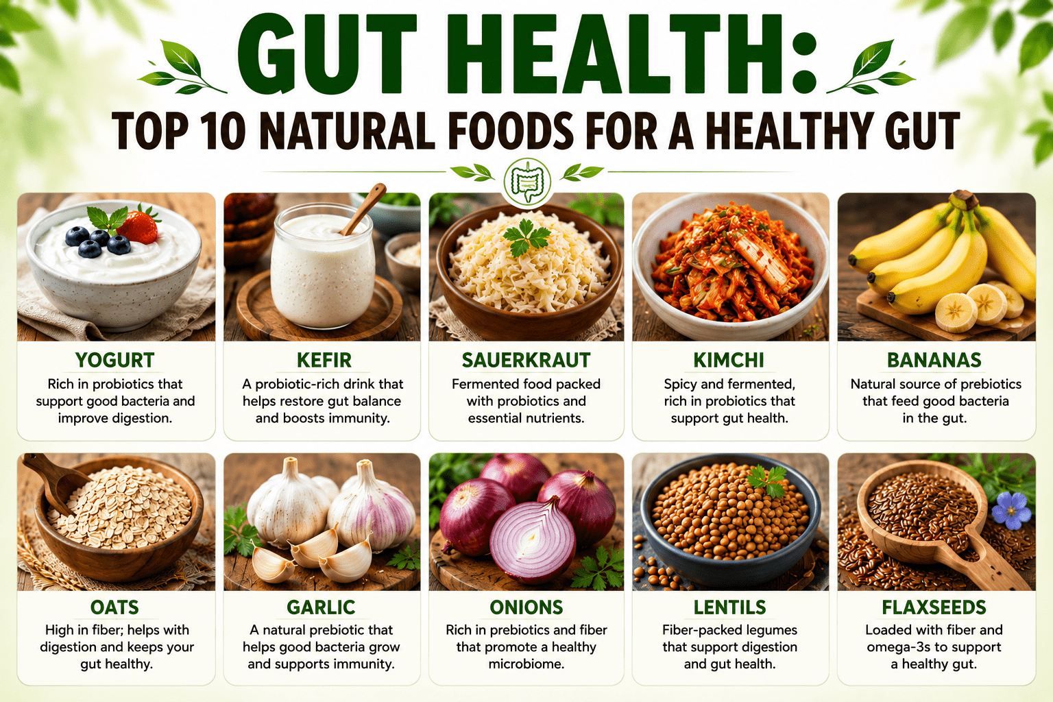 Gut health probiotic and fiber-rich foods.