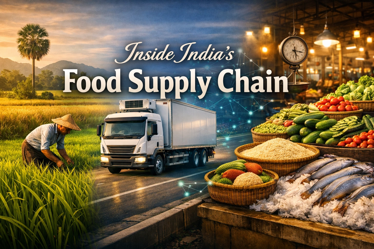 Graphic titled "Inside India's Food Supply Chain" showing a delivery truck on a road between a farm and fresh produce.