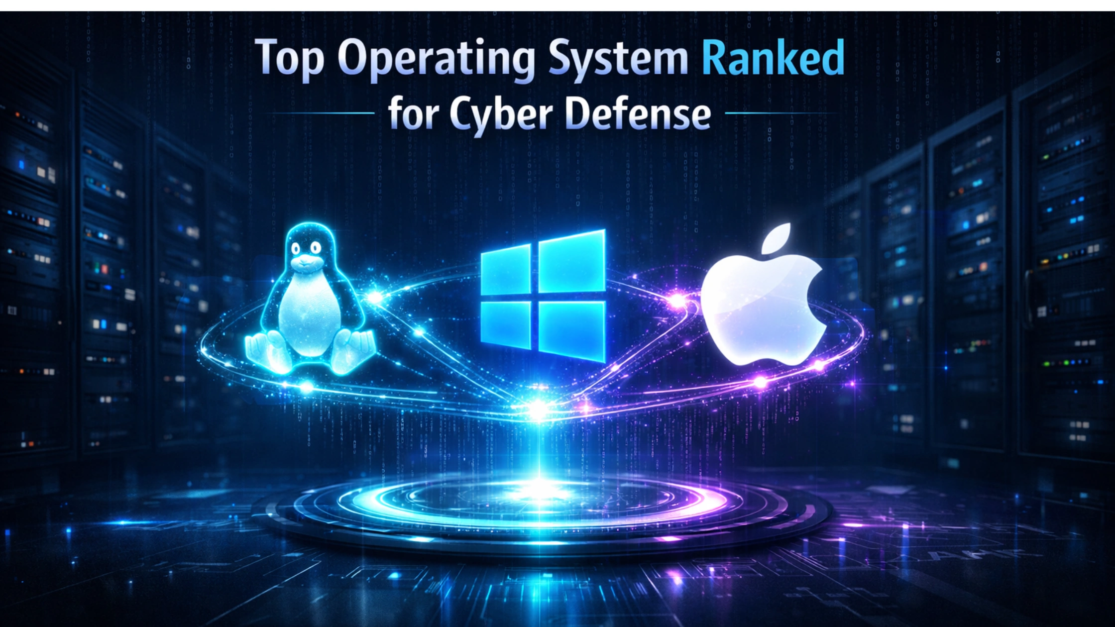 Futuristic digital banner showing the logos of Linux, Windows, and Apple glowing over a dark cyber network backdrop under the text "Top Operating System Ranked for Cyber Defense."