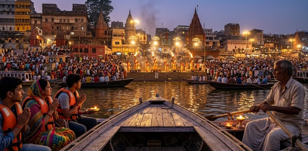 Viewing the Ganga Aarti Varanasi from a wooden boat