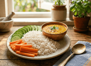 a plate of dal, rice ,fruits and vegetables