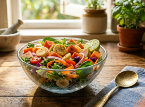 Fresh fruits and vegetables mixed bowl for a healthy daily breakfast