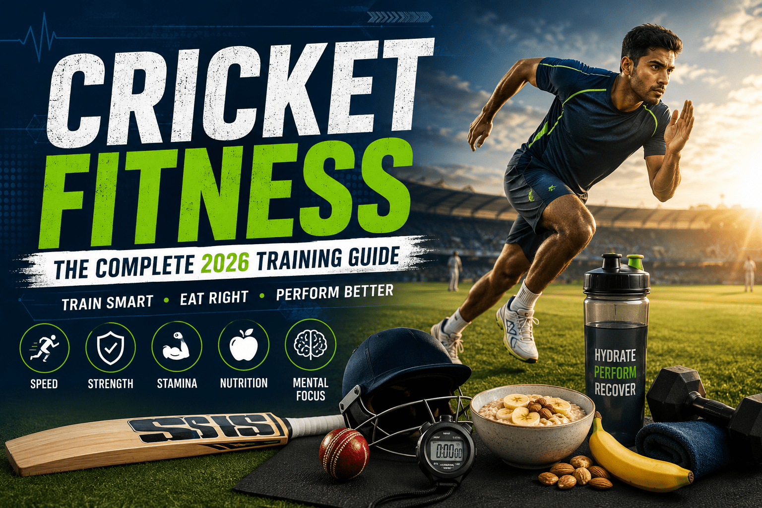 Cricket fitness training guide featuring sprint drills, nutrition, strength training, and modern cricket workout routines