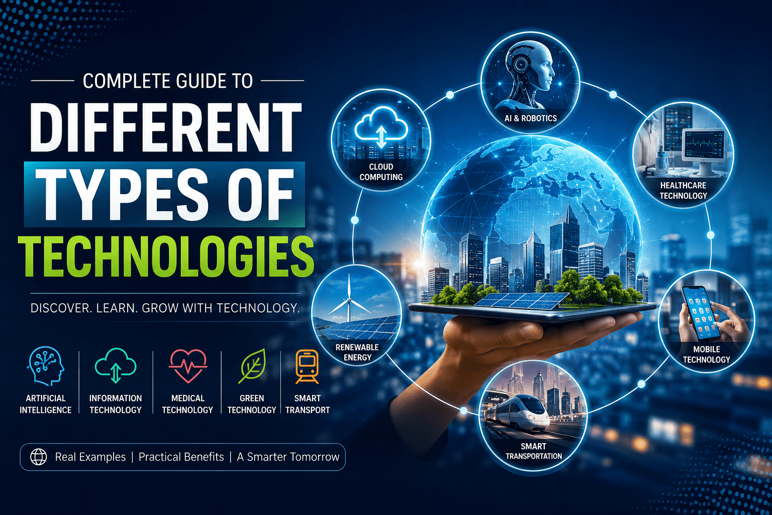 Premium illustration showing different types of technology including AI, cloud computing, healthcare technology, renewable energy, mobile technology, and smart transportation.