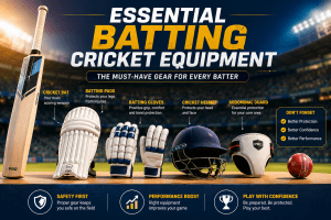 Premium cricket batting equipment banner featuring cricket bat, batting pads, gloves, helmet, abdominal guard, and cricket ball in a professional stadium background.