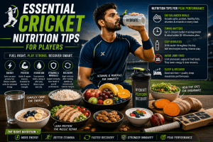 Essential cricket nutrition tips for players featuring healthy meals, hydration, protein, carbohydrates, and recovery foods for peak performance