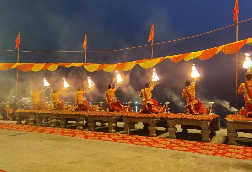 Priests performing the grand Ganga Aarti Varanasi at night