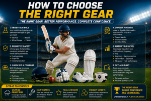 Premium cricket gear selection guide banner featuring cricket bat, helmet, gloves, pads, shoes, and protective equipment on a professional stadium background.