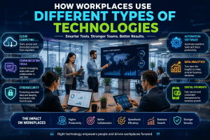 Modern workplace using different types of technology including cloud computing, cybersecurity, communication tools, data analytics, automation software, and digital payments.