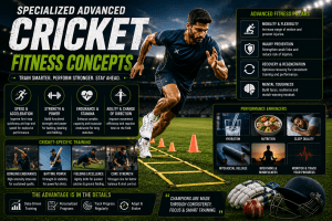 Specialized advanced cricket fitness concepts featuring agility training, strength conditioning, endurance development, recovery techniques, and performance tracking