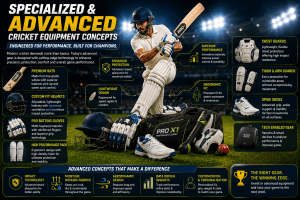 Premium advanced cricket equipment infographic featuring professional cricket bat, helmet, gloves, pads, spike shoes, chest guards, smart cricket technology gear, and performance accessories in a stadium background.