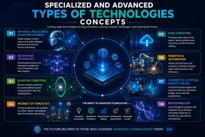 Futuristic illustration showcasing advanced technologies including artificial intelligence, robotics, machine learning, quantum computing, cybersecurity, and industrial automation.