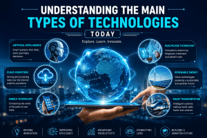 Futuristic illustration showing the main types of technology including artificial intelligence, cloud computing, healthcare technology, renewable energy, mobile technology, and smart transportation.