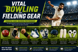 Premium cricket bowling and fielding equipment banner featuring cricket ball, wicket gloves, fielding gloves, cricket shoes, protective gear, and training accessories on a professional stadium background.