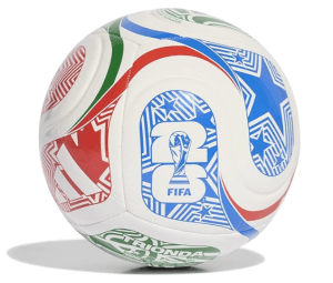 Close-up of the official FIFA Trionda Pro soccer ball on a stand. The white ball has red, blue, and green patterns and displays the FIFA World Cup trophy logo.