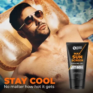 Beardo Max Sun Screen Cooling Gel SPF 60+ is shown beside a man relaxing by a swimming pool.