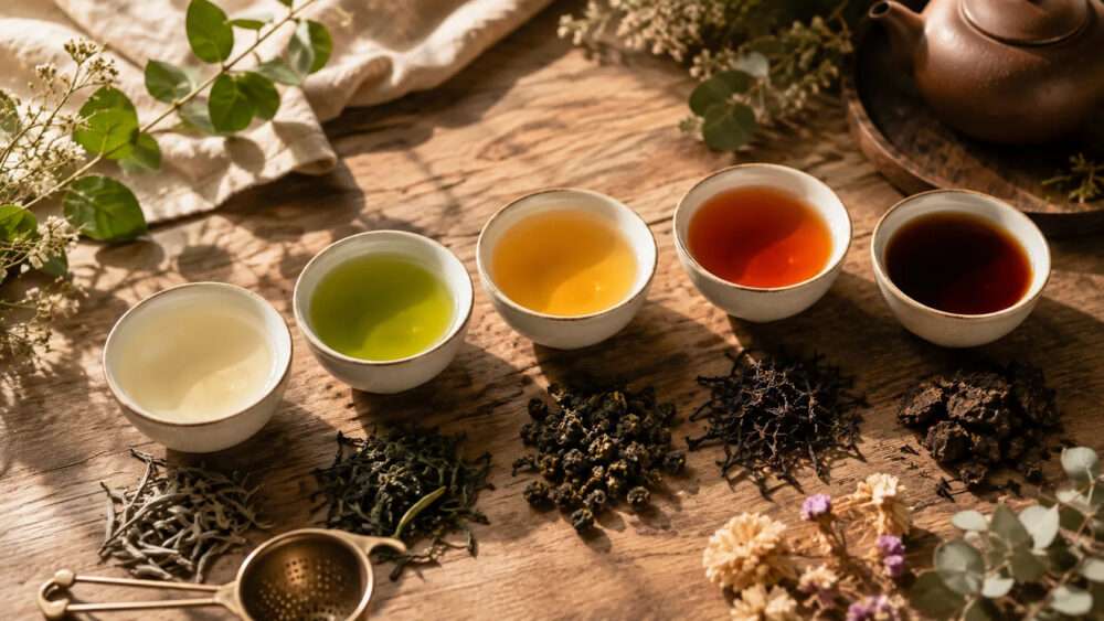 Rustic tea tasting setup featuring five cups of different teas and loose tea leaves on a wooden table
