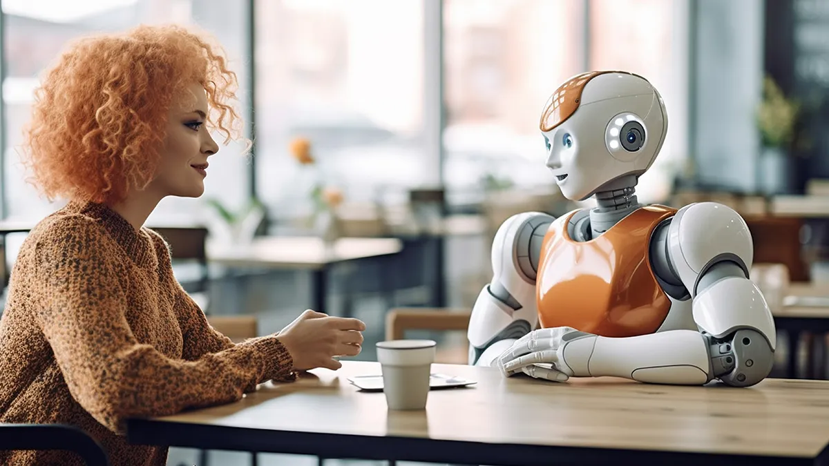 A person chatting with a Conversational AI, powered by an AI learning platform, in a modern office
