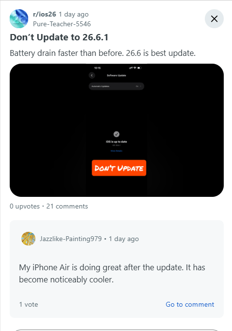 iOS update 26.6.1 Reddit community discussion screenshot showing user feedback on battery improvements, security fixes, and installation experiences