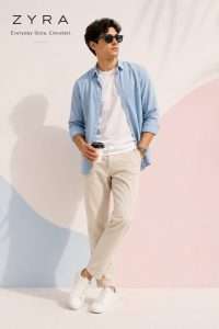 ZYRA casual fashion look featuring a man in modern sunglasses and pastel clothing