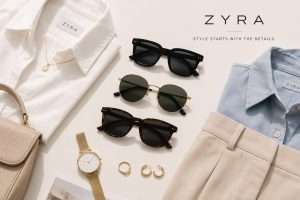 ZYRA fashion flat lay featuring sunglasses, neutral clothing and minimal accessories