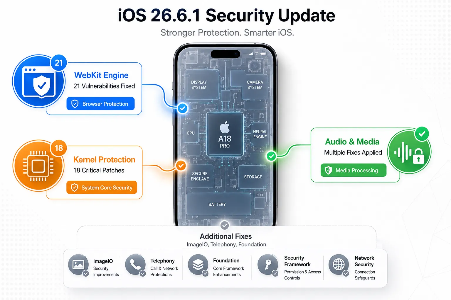 Apple iOS update 26.6.1 security fixes infographic showing WebKit, Kernel, Audio, and other iPhone components being protected with vulnerability counts