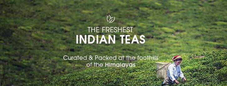 A tea plucker harvesting fresh tea leaves in a lush green tea garden at the foothills of the Himalayas, with text reading “The Freshest Indian Teas.”