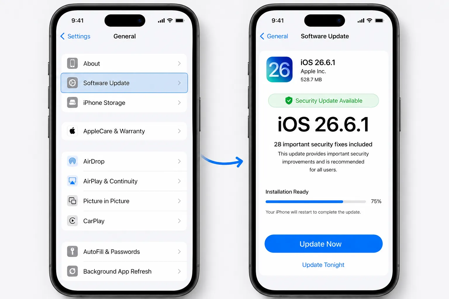 iOS update 26.6.1 security fixes installation step-by-step guide showing iPhone Settings menu and update notification