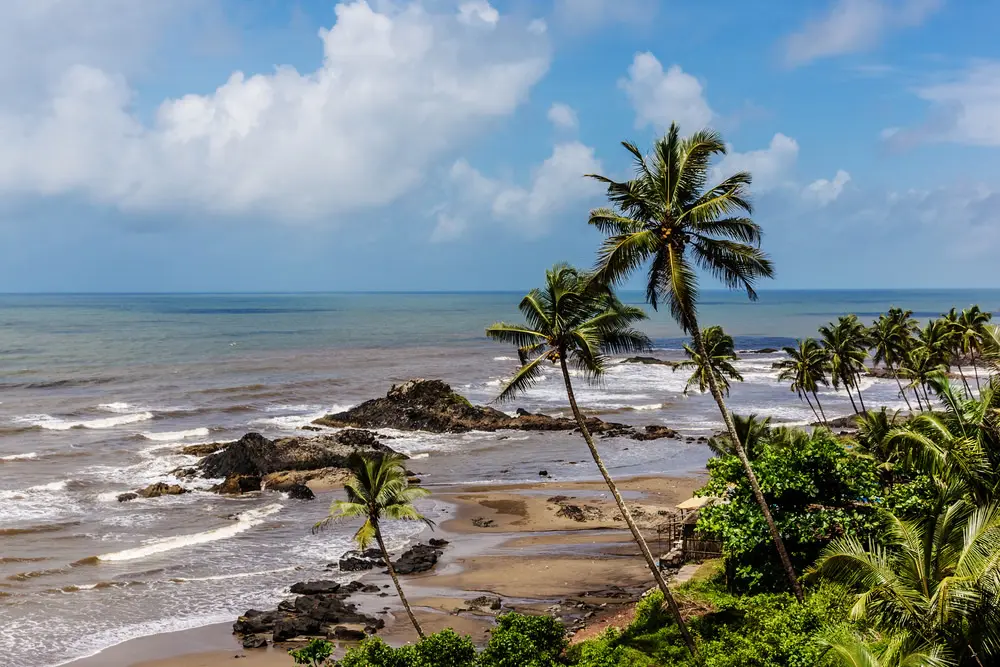 Calangute Beach Goa with palm trees, rocky shore and beautiful sea view. Reaching this place by Madgaon Junction or Goa Airport