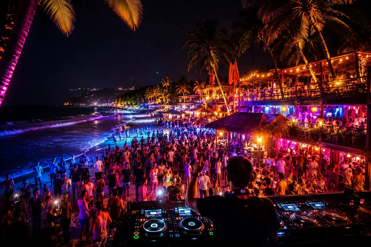 Goa beach nightlife with DJ, colorful lights and people dancing.