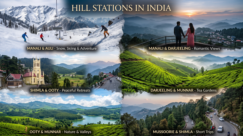 Best hill stations in India including Manali, Auli, Darjeeling, Munnar, Shimla, Ooty and Mussoorie