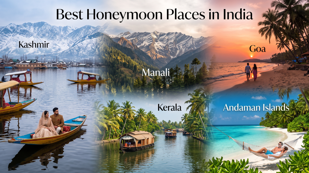 Collage of the best honeymoon places in India including Kashmir, Manali, Goa, Kerala and Andaman