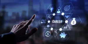 Career planning concept with digital icons for goals, skills, finance, and professional growth