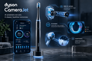 Technology-focused image combining the toothbrush, camera, AI visualization and oral-care elements