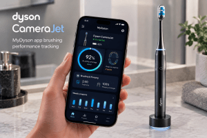 Smartphone displaying the MyDyson app with brushing/flossing performance information