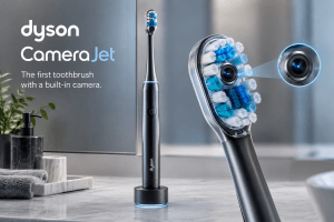 Hero image: Dyson CameraJet toothbrush shown prominently with its camera-equipped brush head