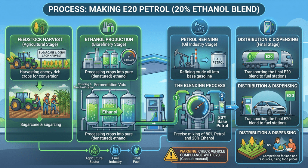 Infographic showing the step-by-step process of producing E20 petrol, from harvesting crops and fermenting bioethanol to mixing it with refined gasoline and distributing it to pumps.