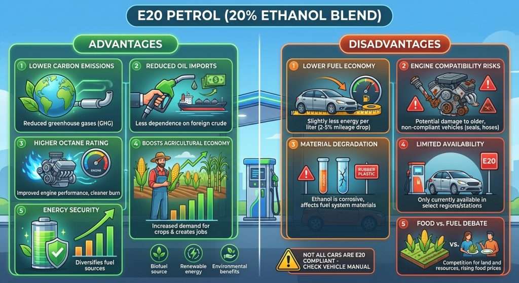 Infographic comparing the advantages and disadvantages of E20 ethanol-blended petrol.