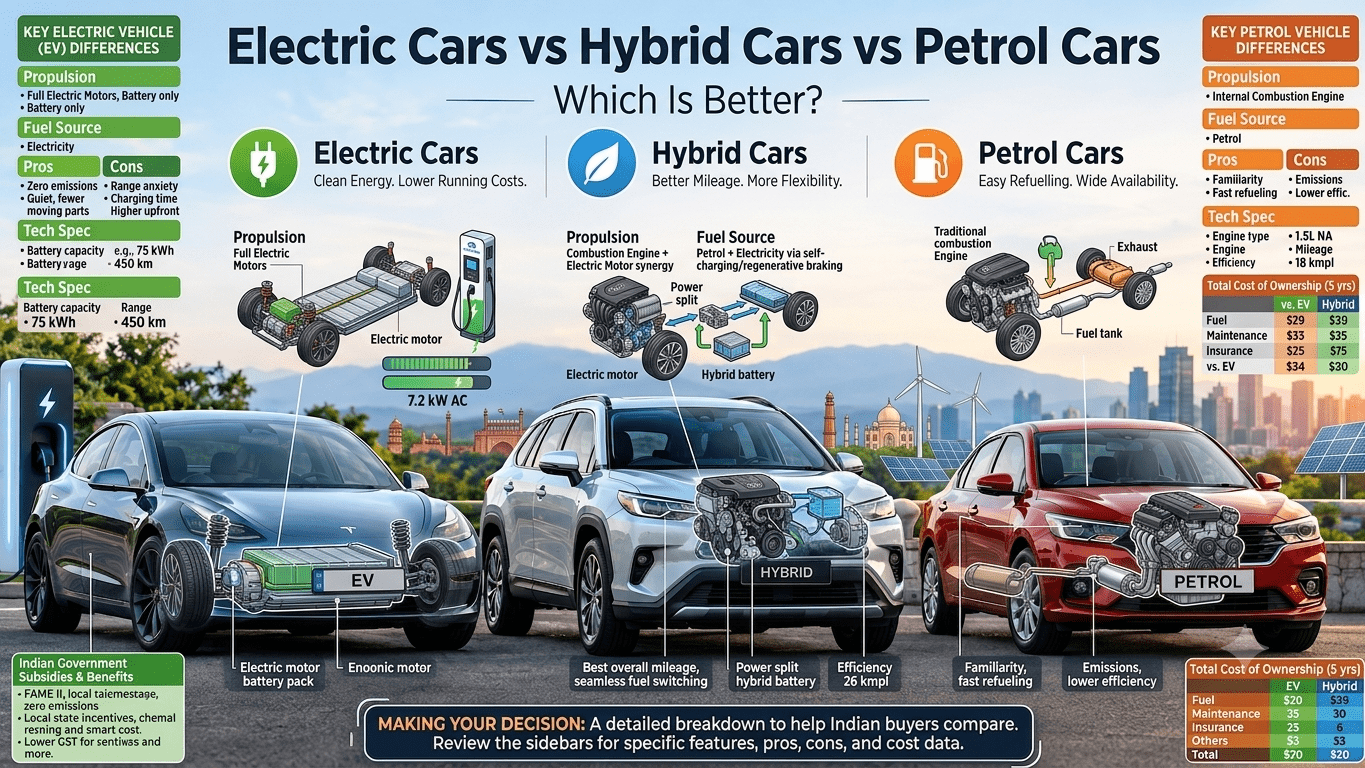 Technical infographic comparing Electric, Hybrid, and Petrol cars with powertrain diagrams, specifications, and ownership cost tables.