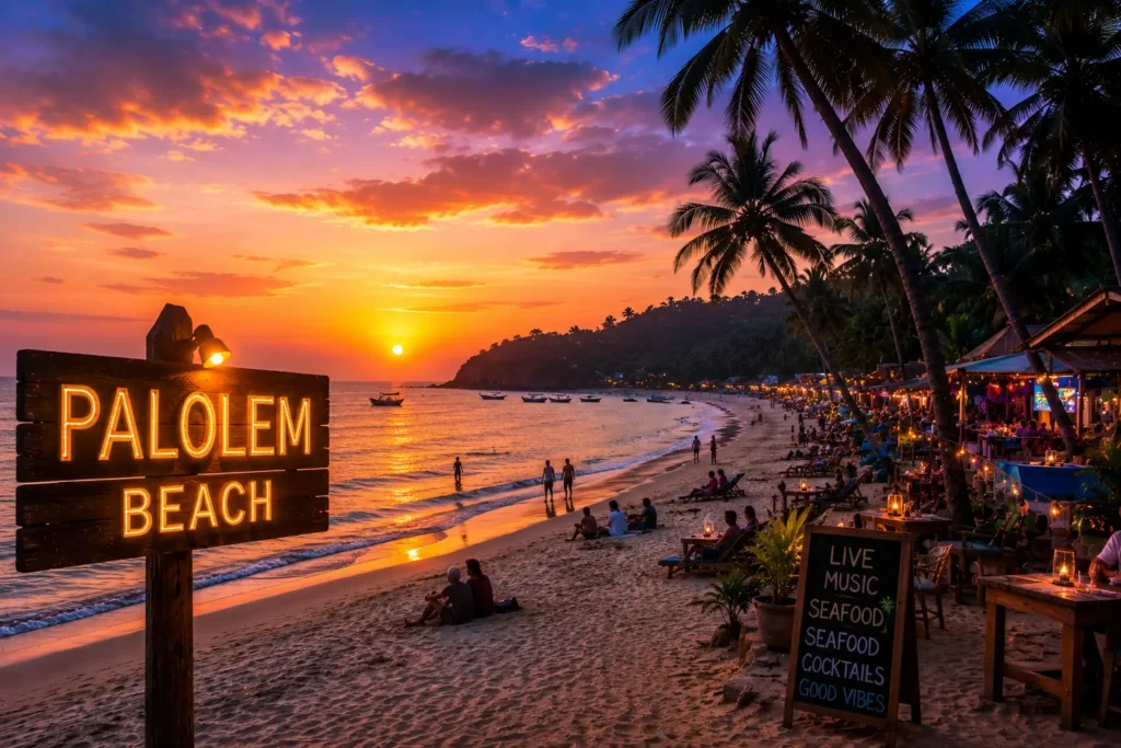 Palolem Beach with beautiful sunset, sea view and lively