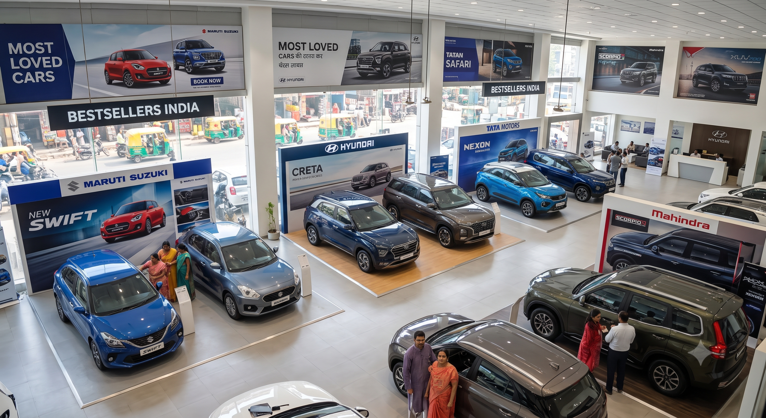 Elevated view of customers browsing popular hatchbacks and SUVs inside a brightly lit car showroom in India.