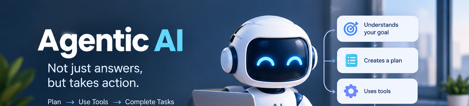 Agentic AI robot using a laptop with a visual workflow showing how AI understands goals, creates a plan, uses tools, and completes tasks.