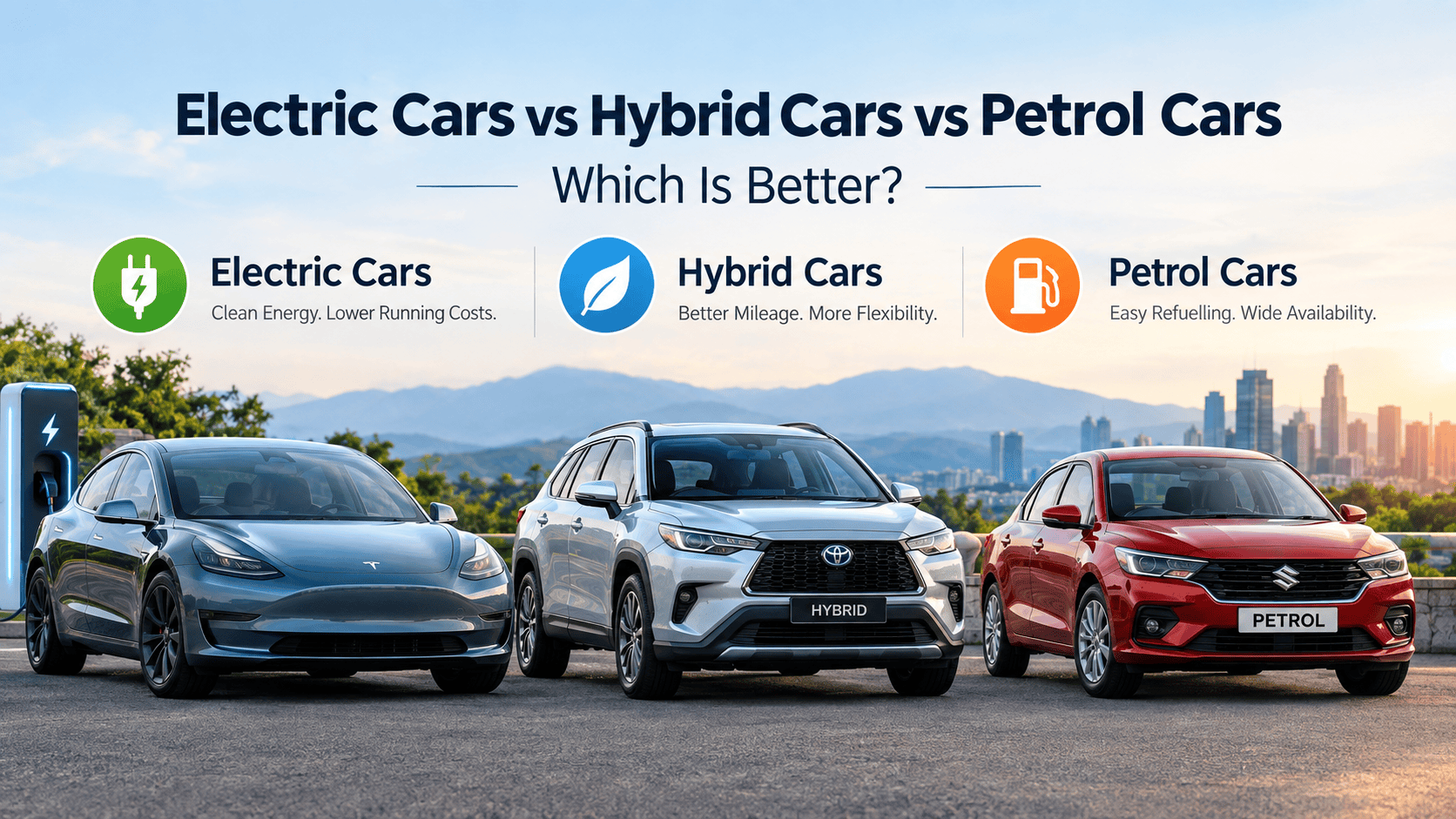 Infographic comparing an electric Tesla, a hybrid Toyota SUV, and a petrol Suzuki sedan parked side-by-side outdoors.