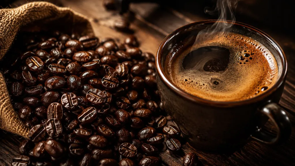 Dark roasted coffee beans and a fresh cup of coffee illustrating benefits of dark coffee and black coffee recipes.
