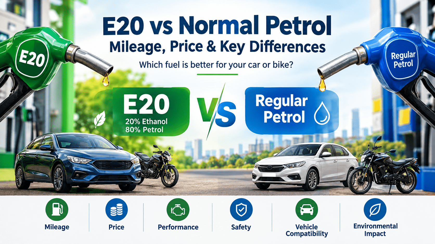 E20 vs normal petrol comparison for mileage, price, performance and vehicle compatibility
