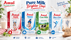 Four Amul milk products—Amul Gold, Amul Taaza, Amul Cow Milk, and Amul Slim & Trim—displayed in a premium product showcase with milk splashes, fresh milk glasses, and clean dairy branding on a bright white background.