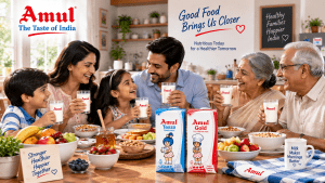 Amul Gold, Amul Taaza, Amul Cow Milk, and Amul Slim & Trim milk cartons displayed side by side with milk splash effects, glasses of fresh milk, and nutrition-focused branding in a premium advertising layout in healthy lifestyle.