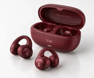 boAt Airdopes ProClip OWS open-ear wireless earbuds in wine-red color with charging case