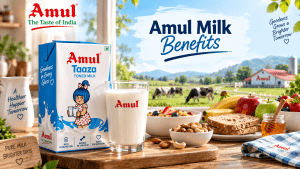 Four Amul milk variants—Amul Gold, Amul Taaza, Amul Cow Milk, and Amul Slim & Trim—displayed on a clean white surface with dynamic milk splash effects. Each product features a benefit callout: Rich & Creamy, Everyday Nutrition, Easy to Digest, and Low Fat. The design uses Amul’s signature blue, white, red, and green branding, with glasses of milk and a bright, premium retail-style advertising layout.