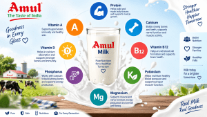 Premium product showcase featuring Amul Gold, Amul Taaza, Amul Cow Milk, and Amul Slim & Trim milk cartons arranged together with fresh milk splashes, glasses of milk, and clean dairy-themed branding.
